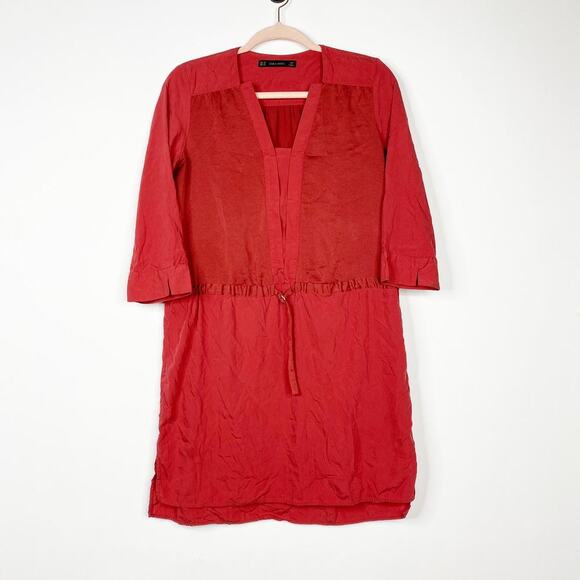 2/$30 ZARA Red Drawstring Dress Adjustable Cinched Waist Vented Sleeve #6516 - Picture 1 of 12